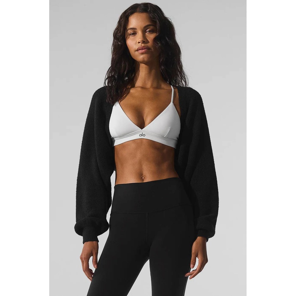 Alo Yoga Muse Shrug Black Ribbed Knit Ultra Cropped Cardigan W4388R XS/S